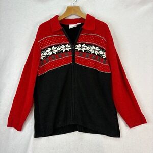 Vtg Fashion Bug Womens 22/24 Red/Black Pointsetta‎ Fair Isle Zip Up Sweater Cozy